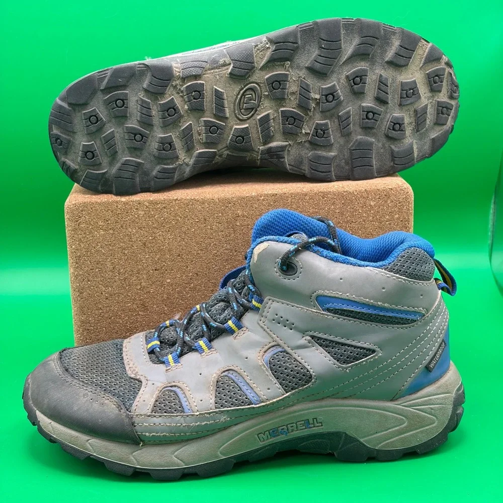 Merrell Oakcreek Hiking Boots Youth 6M Gray/Blue Waterproof Mid Trail Camp Shoes